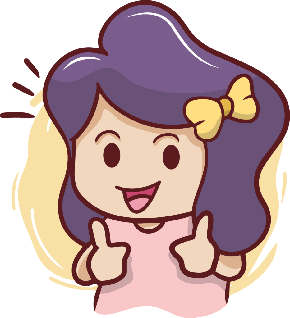 Illustrazione cartoon di una bambina felice con capelli viola e un fiocco giallo che fa il segno del pollice in su con entrambe le mani.